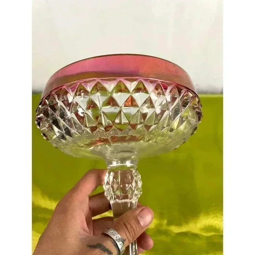 VTG Clear Pressed Indiana Glass Diamond Point Candy‎ Dish Ruby Red 7”